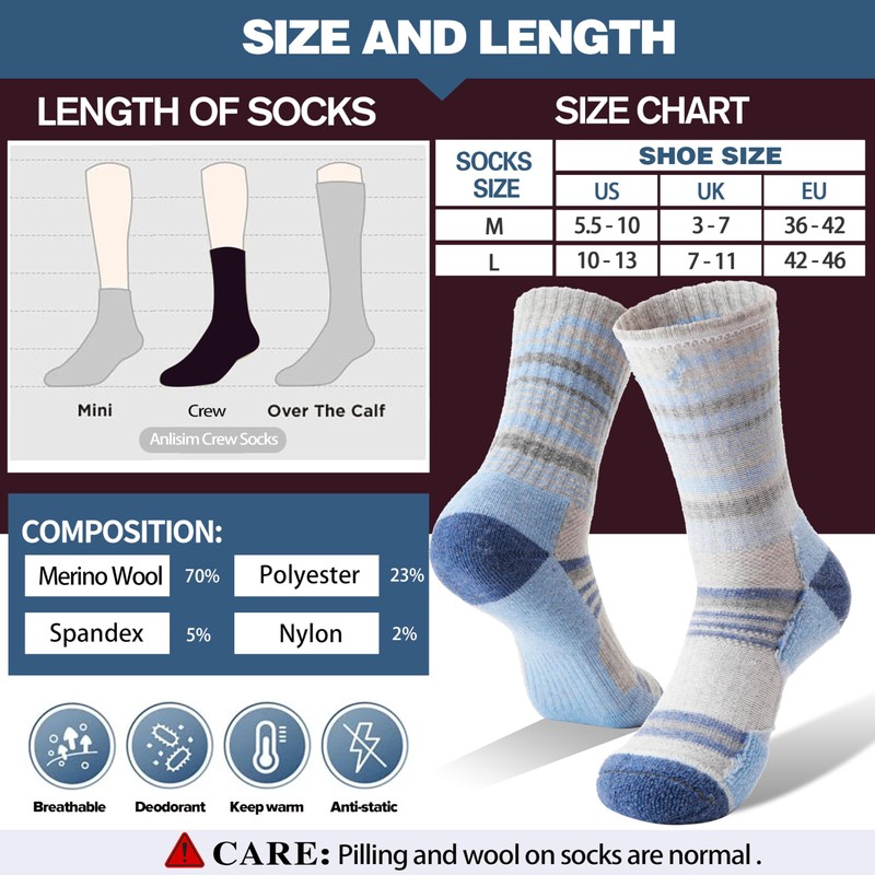 Anlisim Merino Wool Hiking Socks for Women Thermal Winter Warm