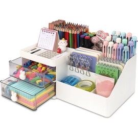 Timotech Organizador de Escritorio para Bolígrafos con Cajón, Organizador de Accesorios, Soporte para Lápices, Cajón para Oficina, Organizador Multifuncional para Suministros de Arte y Papelería
