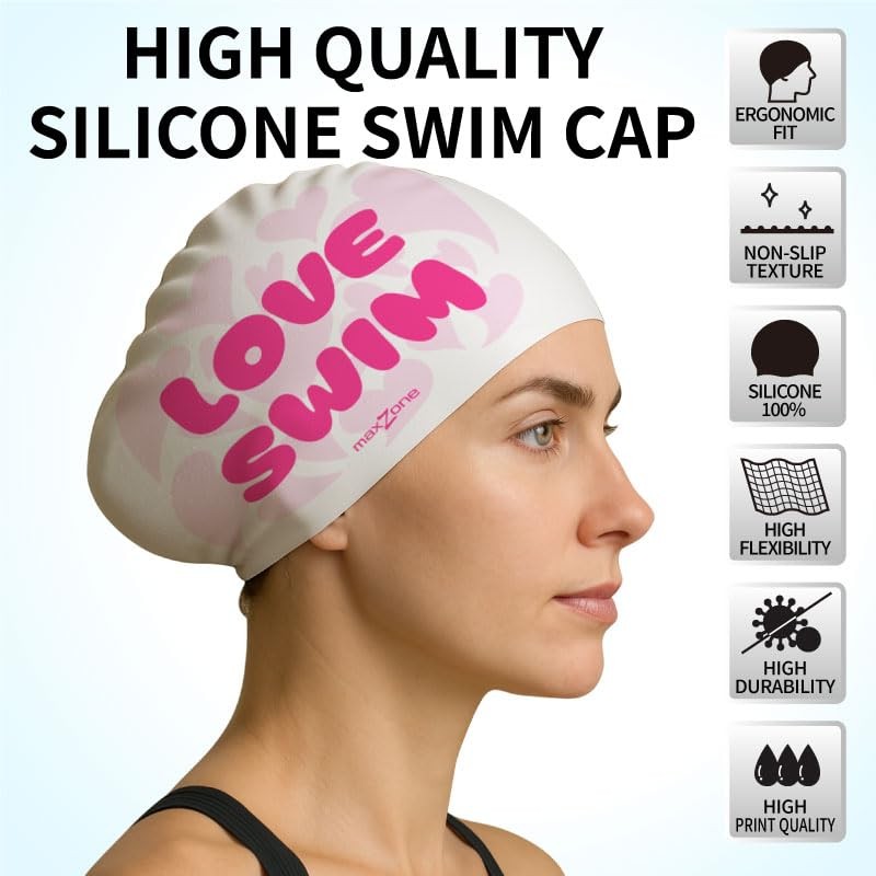 maxzone Love Swim Adult Long Hair Silicone Swim Cap for