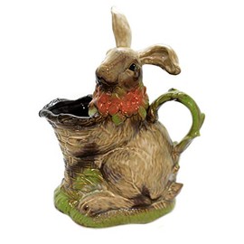 Easter Bunny With Basket Stoneware Rabbit Flowers - 9.25 Inches - Em1765 Pitcher -