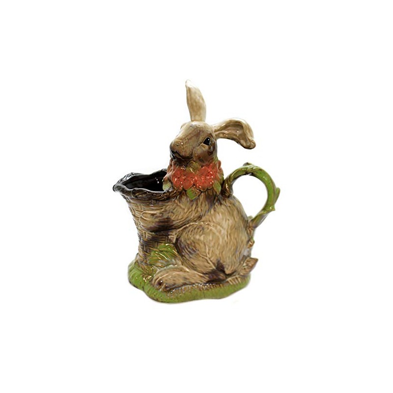 Easter Bunny With Basket Stoneware Rabbit Flowers - 9.25 Inches