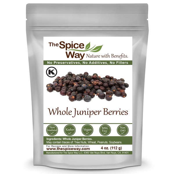 The Spice Way Juniper Berries - Whole berries, pure, no additives, Non-GMO, no preservatives, ( 4 oz ) great for cooking and for spicing tea, syrup, meat, beef, turkey, soups and more. resealable bag