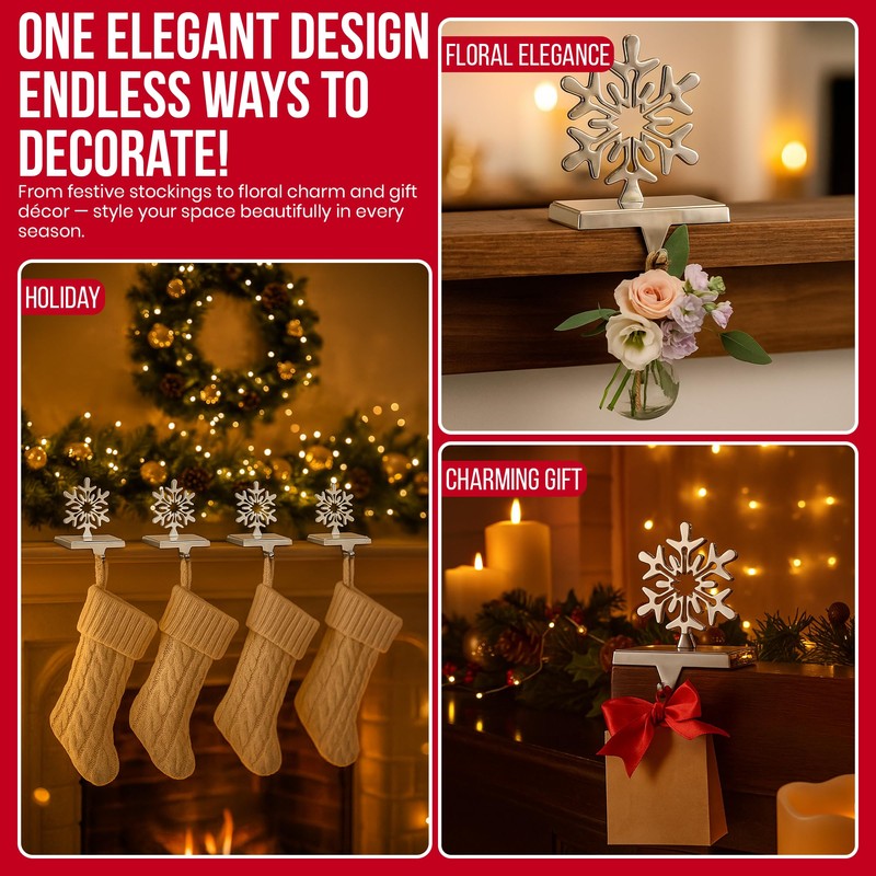 Iconikal 4-Pack Stocking Holders Christmas Chrome Metal Snowflake Weighted for