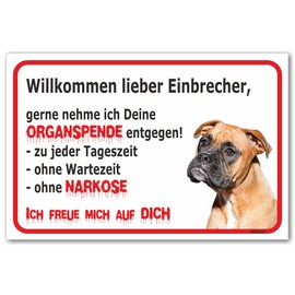 AdriLeo Sign – Caution Boxer – Welcome Dear Burglars – (20 x 30 cm) / Achtung Familienhund Wachhund German Dog Robust Durable UV-Resistant Weatherproof Warning Sign