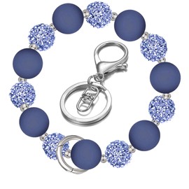 M-Plateau Wristlet Keychain, Silicone Beaded Wrist keychain with Key Ring for Women, Elastic Keychain Bracelet (Navy Silver)