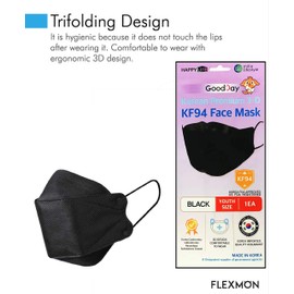 (Pack of 10) Premium 3D Disposable Black Kids KF94 Face Mask, Youth Mask, Age 5-15 Old, 4-Layer Filters, KF94 Mask Black, Good Day, Mouth Covering Dust Mask, Individual Packs, Made in Korea. (10)