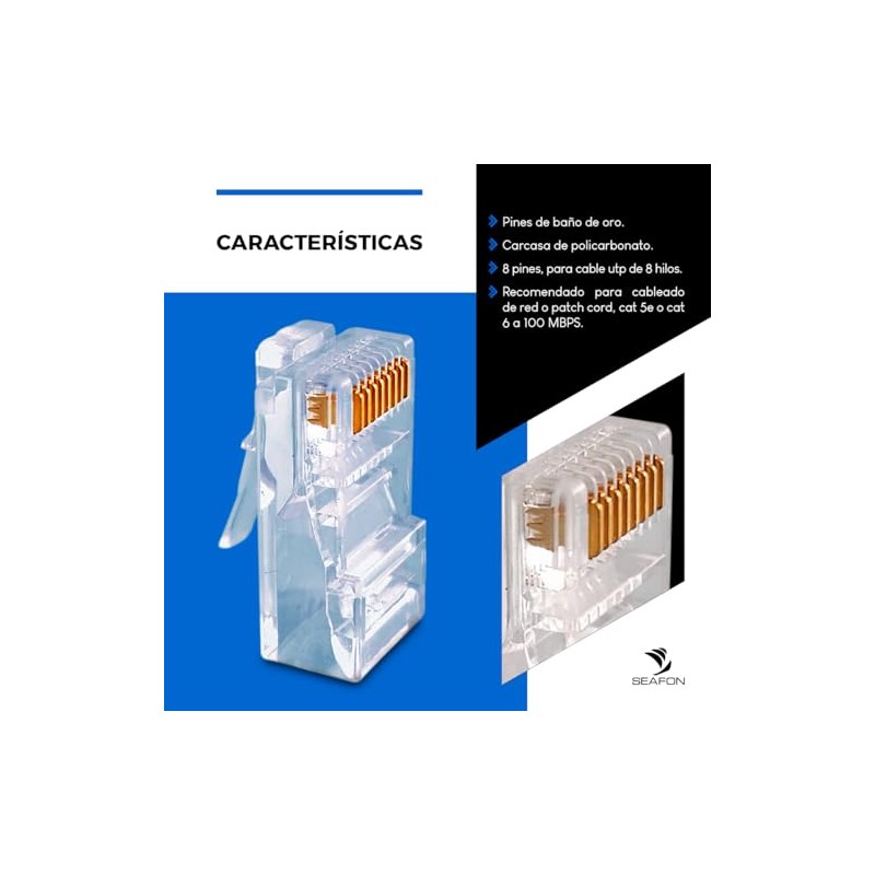 SEAFON 100 Conectores Rj45,Conectores Rj45, Para Cable Ethernet, Cat 5e,