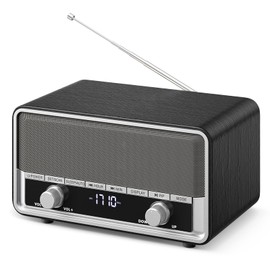Vintage Wood AM FM Clock Radio with Bluetooth, Digital Clock Radio for Bedroom with LCD Display | 40 Presets | Sleep Timer | No Alarm, Retro Bluetooth Speaker for Office,Home, Kitchen (Space Black)