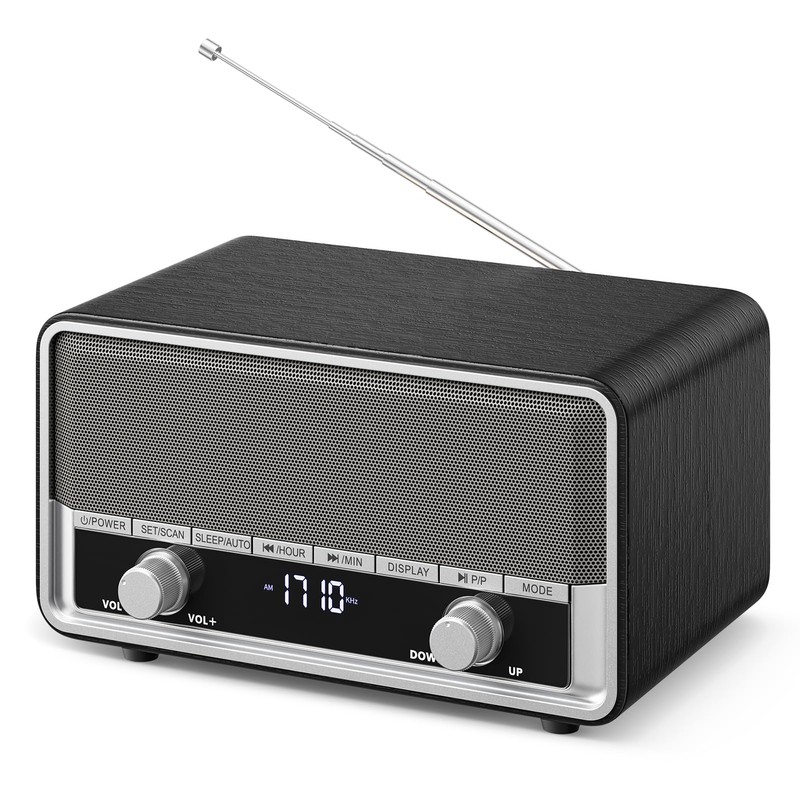 Vintage Wood AM FM Clock Radio with Bluetooth, Digital Clock