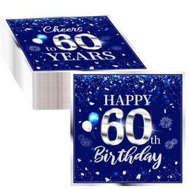 40 servilletas de 60 cumpleaños, decoración de fiesta, 60 años, color azul plateado, desechables, cumpleaños, bebidas, postres, decoración de mesa, 2 capas, color azul plateado para hombres