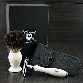 3 Pieces De Safety Razor Men's Shaving Set with Black Badger Hair Brush + Leather Pouch for Razor. Perfect for Everyday