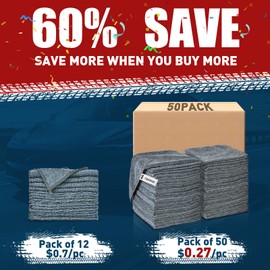 TEAWOO Microfiber Cleaning Cloths 50 Pack, Grey Microfiber Towels for Cars, Ultra Absorbent Wash Cloths, Lint-Free Streak-Free Microfiber Towels Bulk for Car, House, Kitchen, and Window, 12x12 inches