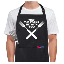 Xornis 100% Cotton Funny Apron for Men Women May The Forks Be With You Adjustable Bib Aprons with 2 Pockets Funny Gifts Grilling Grill Kitchen Cooking BBQ Black