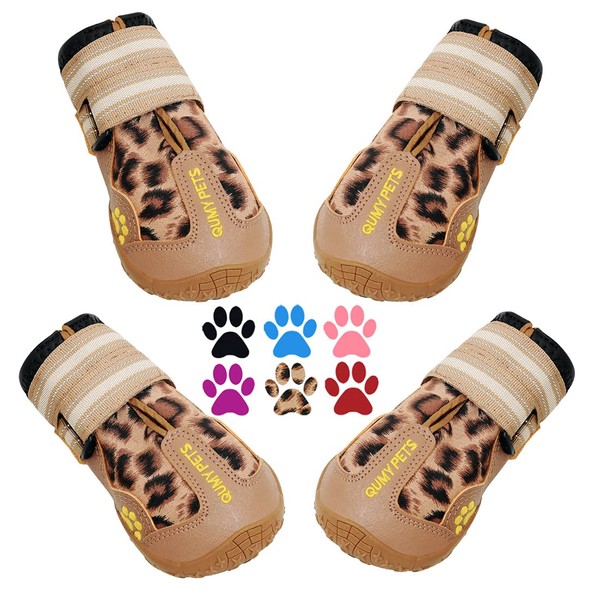 QUMY Waterproof Dog Boots with Reflective Straps and Heavy Duty Anti-Slip Sole 4pcs Black (Size 5:7*6cm(L*W), Leopard)