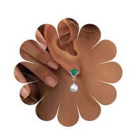 Yheakne Vintage CZ Emerald Pearl Earrings Gold Pearl Drop Earrings Triangle Emerald Earrings Geometric Emerald Stud Earrings Jewellery for Women and Girls