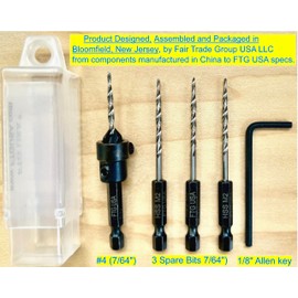 FTG USA Adjustable Wood Countersink Drill Bit #4 (7/64") with 3 Tapered Drill Bits for Woodwork with Storage Container