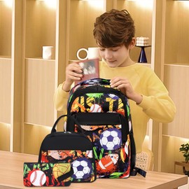 LEDAOU Backpack for Teen Girls School Bags Kids Bookbags Set School Backpack with Lunch Box and Pencil Case (Rugby Soccer)