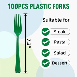 100 Pcs Green Plastic Forks Green Plastic Silverware Disposable Cutlery Heavy Duty 100 Forks for Birthday, Picnic, Wedding, Christmas