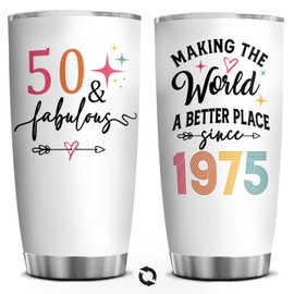 50th Birthday 20 oz Tumbler For Women, 50 And Fabulous Cup, 1975 Birthday Decorations - Fifty Years Old Gifts For Lady, Mom, Aunt, Grandma, Wife - Funny 50-Year-Old Gift & Birthday Decoration