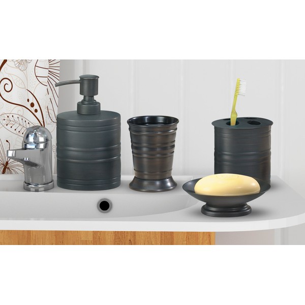 nu steel 4pc Collection-Oil Rubbed Bronze Bogart Metal Bath Accessory Set for Vanity Countertops, 4 Piece Luxury Ensemble Includes Dish, Toothbrush Holder, Tumbler, soap and Lotion Pump