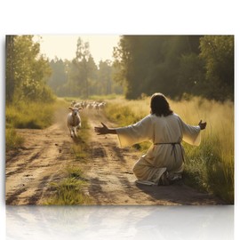 Fchen art Lovely Painting,Lamb Running Toward To Jesus Wall Art Decor,Jesus The Lamb Wall Art Canvas Wrap,Jesus Landscape Canvas Running Horses In the Forest,Church Living Room Framed Canvas Print Ready To Hang 12"x16"