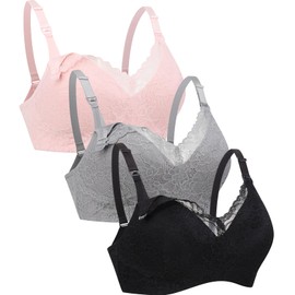 Suekaphin Lace Nursing Bra Wire-Free Fixed Cups for Maternity Breastfeeding Postpartum Women for Nursing Everyday Comfort,Black/Gray/Pink,XLarge