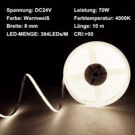 BERIXDEEP COB LED Strip 10 m Neutral White, LED Strip Dimmable 24 V with Power Supply and Remote Control, 4000 K, CRI 92+, 8 mm, LED Strip 10 m for Bedroom, Living Room, Understructure, TV, Kitchen,