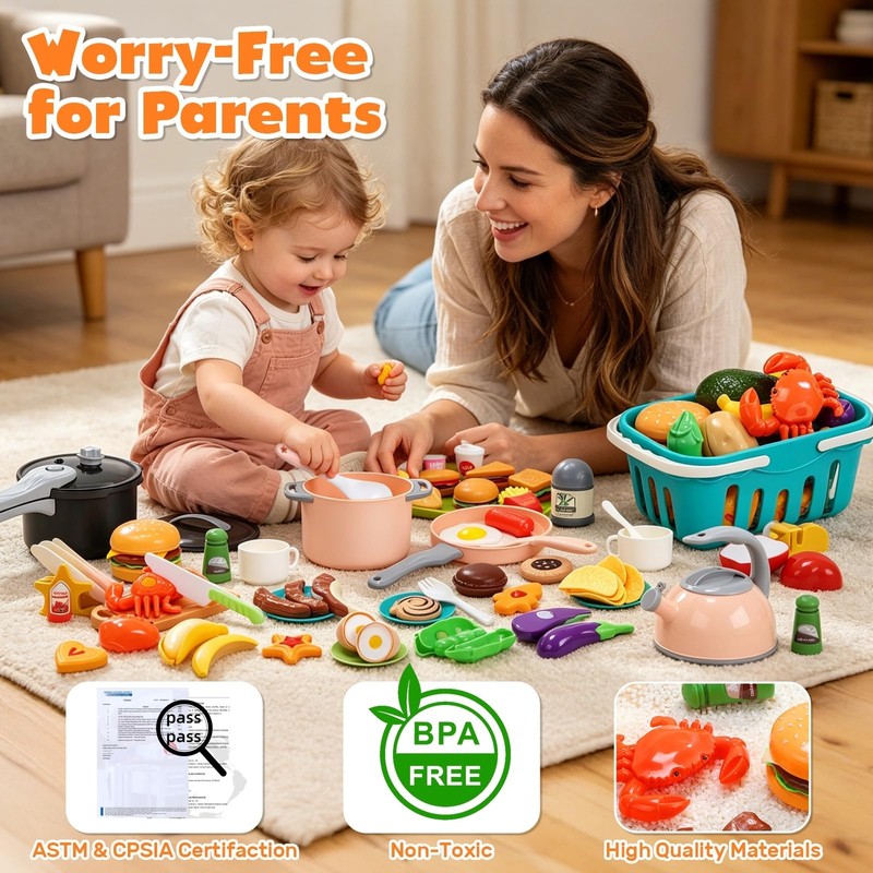 HOLYFUN 74-Pcs Kids Kitchen Toy Accessories with Shopping Basket