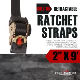 Porotmotor 4 Pack Bolt-On Retractable Ratchet Straps (2" x9'), 3000LBS Break Strength Ratchet Tie Down Straps Heavy Duty Auto Retracting Ratchet Straps for Motorcycle, Trailers, Boats, ATVs, UTVs