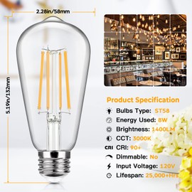 4-Pack Vintage LED Edison Bulbs 100W Equivalent 1400LM High Brightness 8W ST58 LED Filament Light Bulbs 3000K Warm White E26 Medium Base CRI90+ Antique Clear Glass for Home Dinning Room, Non-dimmable
