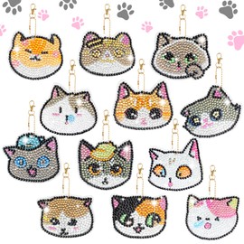 TamBee Diamond Art Painting Keyrings Keychin Kits 12 Pack Cat Diamond Painting Keyrings Pendants 5D DIY Full Drill Painting Key Rings Chains Making Kits for Kids Adult