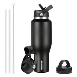 HYDROWION 40 oz Insulated Water Bottle with Straw fit in Car Cup Holder(Cold 48 hrs, Hot 24 hrs) Drinking Bottle with Straw Lid, Spout Lid and Flex Cap Leakproof Travel Thermo Mug，Black