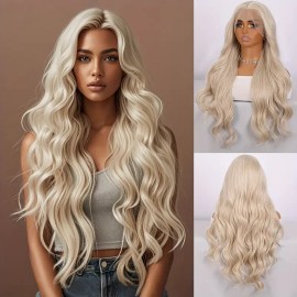 Smilco 28 Inch Long Blonde Curly 13x4 Lace Body Wave Style 150% Density Very Suitable for Role-playing Synthetic Lace Front Wig.SM9216Bcolor: Light gold big wavy long hair, Stretched Length: 28"