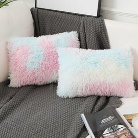 Labilin Faux Fur Fluffy Lumbar Cushion Covers 2 Pack Plush Decorative Pillowcase Soft Velvety Throw Pillow Cover 12x20 Rainbow Luxury Cushion Cover for Bedroom Home Decor
