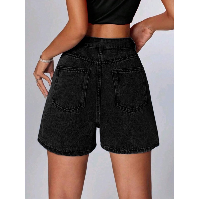 EMMIOL Women Jean Shorts High-Mid Waisted Stretchy Basic Wash Solid