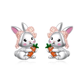 HOOHWE Rabbit Jewellery Set 925 Sterling Silver Carrot Rabbit Stud Earrings and Necklace Cute Animal Easter Bunny Jewellery Gift for Women, Sterling Silver, No Gemstone