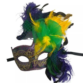 Masquerade Mask Mardi Gras Color Purple Yellow & Green Feather Swan Masquerade Mask