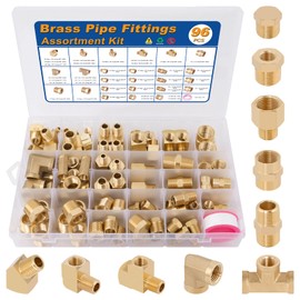 KOOTANS 96PCS Brass Pipe Fittings Assortment Kit - NPT Adapter, Reducer Bushing, Hex Nipple, Coupling, Head Plug, 45 & 90 Degree Barstock Street Elbow, Tee Fittings Kit