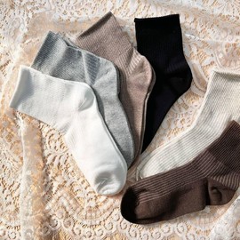 Korean-Made Ribbed Mid-Calf Socks for Women, All Seasons 5 Pairs Mid-Calf Socks: Brown 2, Cocoa 2, Black 1