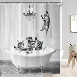 Riyidecor Cute Funny Cat Shower Curtain for Bathroom Decor 72Wx72H Animal Fun Lovely Bubble Kitten Kids Vintage Gray Grey Art Printed Fabric Polyester Waterproof 12 Pack Plastic Hooks