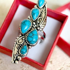 HAIXIAN Antique Long Full Finger Turquoise Stones Ring,Retro Silver Plated Multi Waterdrop Natural Real Gemstone Crystal Wide Cocktail Party Turkey Turkish Chunky Ring Jewelry (Ring_A, 7)