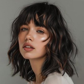 ColorfulPanda Short Curly Black Bob Wigs for Women with Brown Hightlight Synthetic Hair Wig with Fringe Bangs (10 inch)