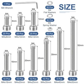 DTGN 260Pcs M4 Metric Screw Assortment, Bolts and Nuts Kit, 304 Stainless Steel M4x8/10/12/16/20/25/30/40/50mm Hex Socket Head Cap Screws Bolt Set With Wrench, Washers