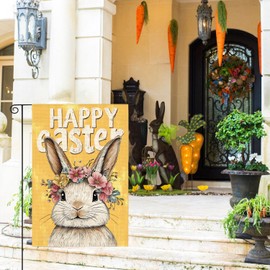 AVOIN colorlife Happy Easter Bunny Garden Flag 12x18 Inch Double Sided Outside, Yellow Rustic Holiday Yard Outdoor Flag