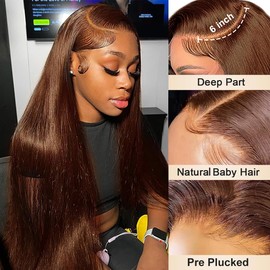 AUOU Chocolate Brown Lace Front Wig Straight 13x6 HD Lace Front Wigs Human Hair Pre Plucked 200 Density Glueless Lace Frontal Human Hair Wigs for Women 4# Brown Wig 22 Inch