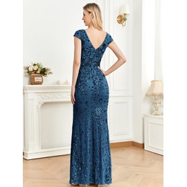 Womens Sequined Long Evening Gown Glamous Sleeveless V-Neck Mermaid Prom Dress for Wedding Party Club Occasions Teal XL