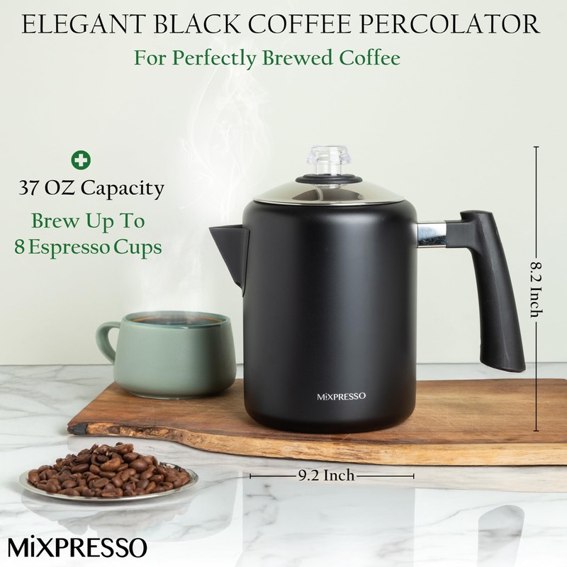 Mixpresso Black Stainless Steel Coffee Percolator Stovetop, 37oz Classic Percolator