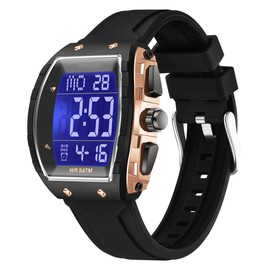 findtime Men's Digital Watch Tonneau Sports Wristwatch Waterproof Fashion Big Number LED Alarm Men Watch Calendar Dual Time Casual Silicone Strap