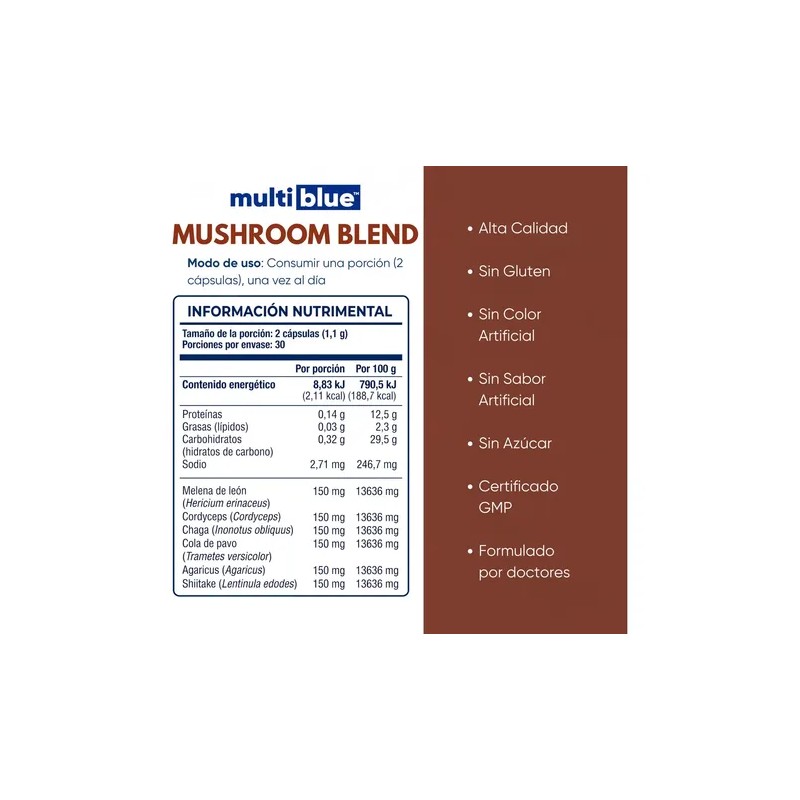 Suplemento Multiblue de Hongos con Melena de León y Cordyceps,
