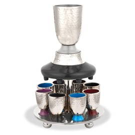 Elegant Display Kiddush Cup Wine Fountain Set - Hammered Metal with Enamel Detailing - Large Goblet, 8 Shot Cups for Shabbat, Passover, Seder, Yom Tov, Wedding Gifts by Zion Judaica (Multi Color)